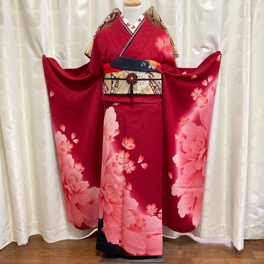 正絹 振袖 フルセット L～LL 全て揃ってます! 花 赤黒 金彩加工 成人式