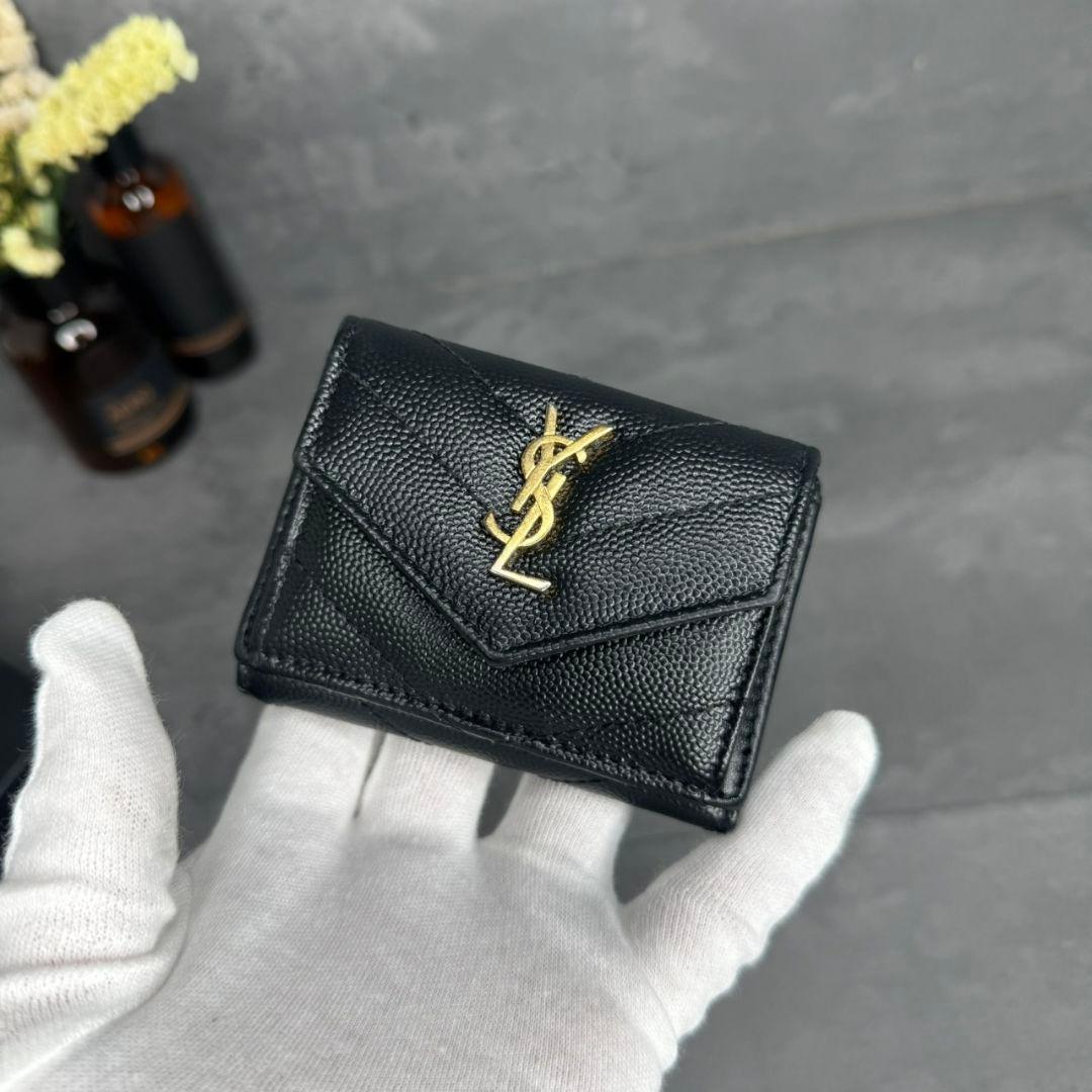 ★美品★サンローラン 三つ折り財布 Vステッチ キャビアスキン YSL ブラック