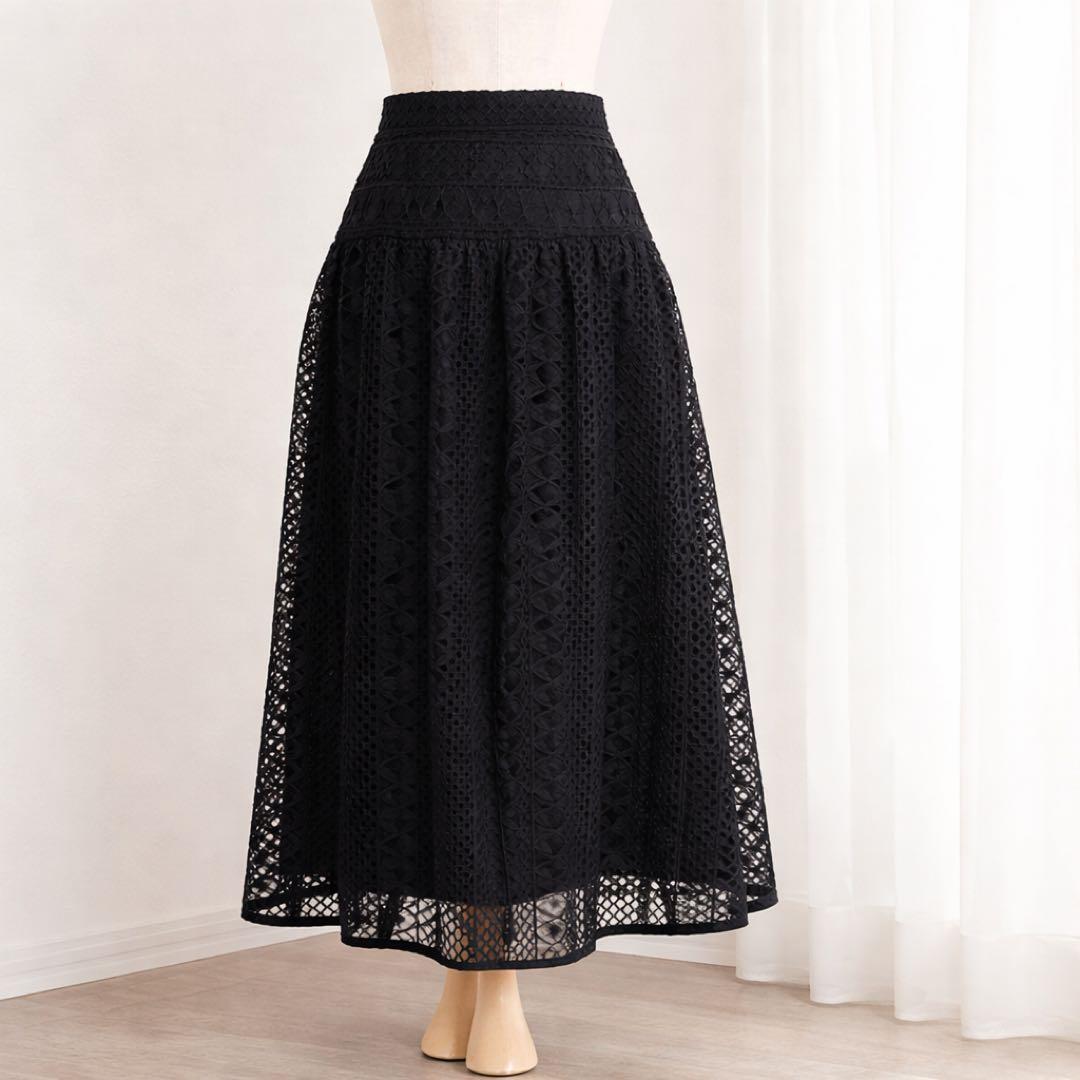 ANAYI アナイ 総レース フレアスカート 黒 36 S ミモレ丈 上品