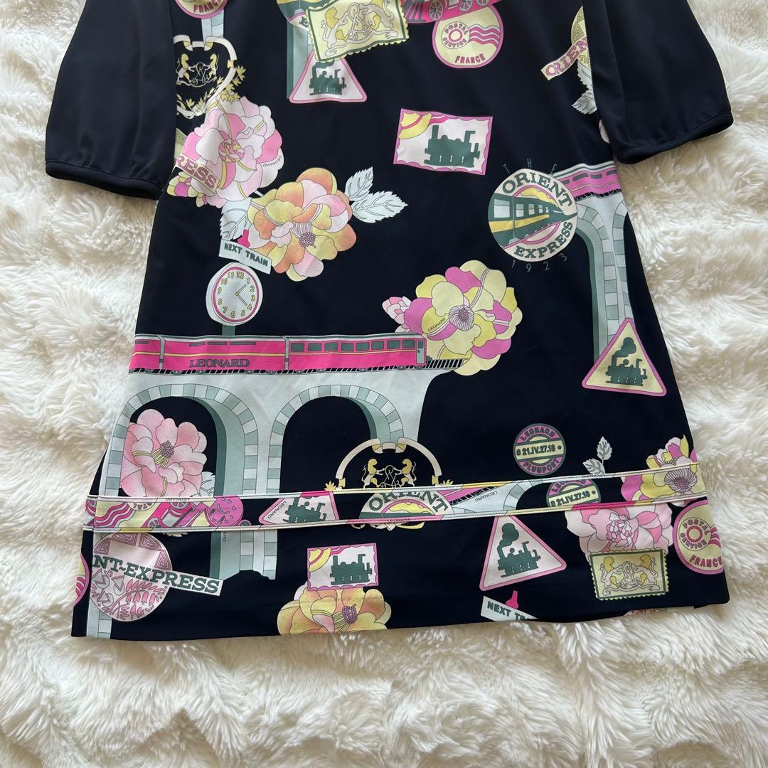 【美品】LEONARD 高級 Aラインワンピース 総柄 ピンク バラ 40