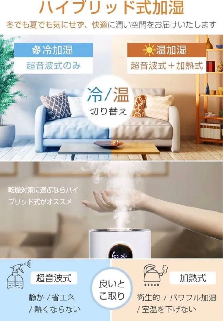 加湿器 大容量 ハイブリット式 36畳対応 マイナスイオン 空気清浄 AI