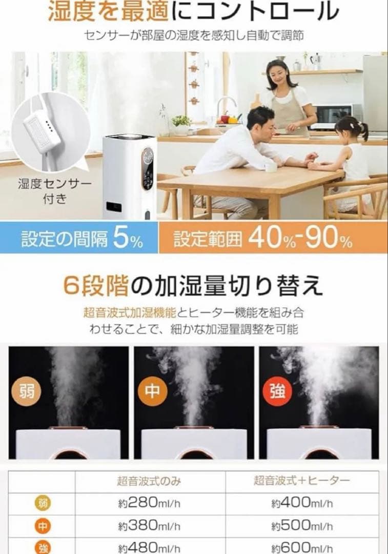 加湿器 大容量 ハイブリット式 36畳対応 マイナスイオン 空気清浄 AI