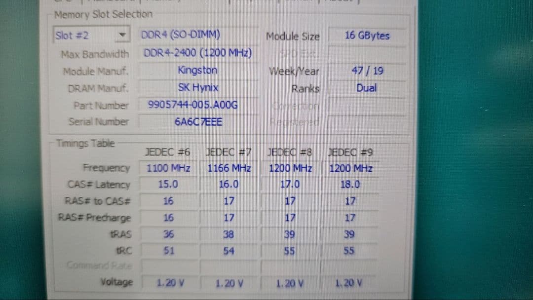 Kingston 16GB DDR4-2400 SO-DIMM １枚