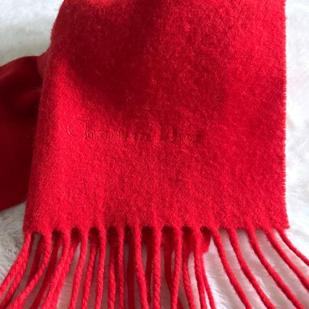 クリスチャンディオール ウール100% ロゴ刺繍 フリンジマフラー レッド
