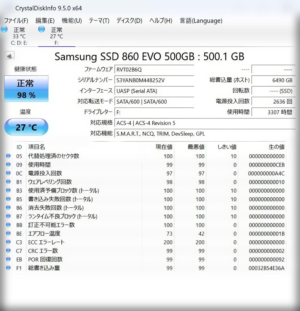 Samsung 860 EVO 500GB◆健康状態98%