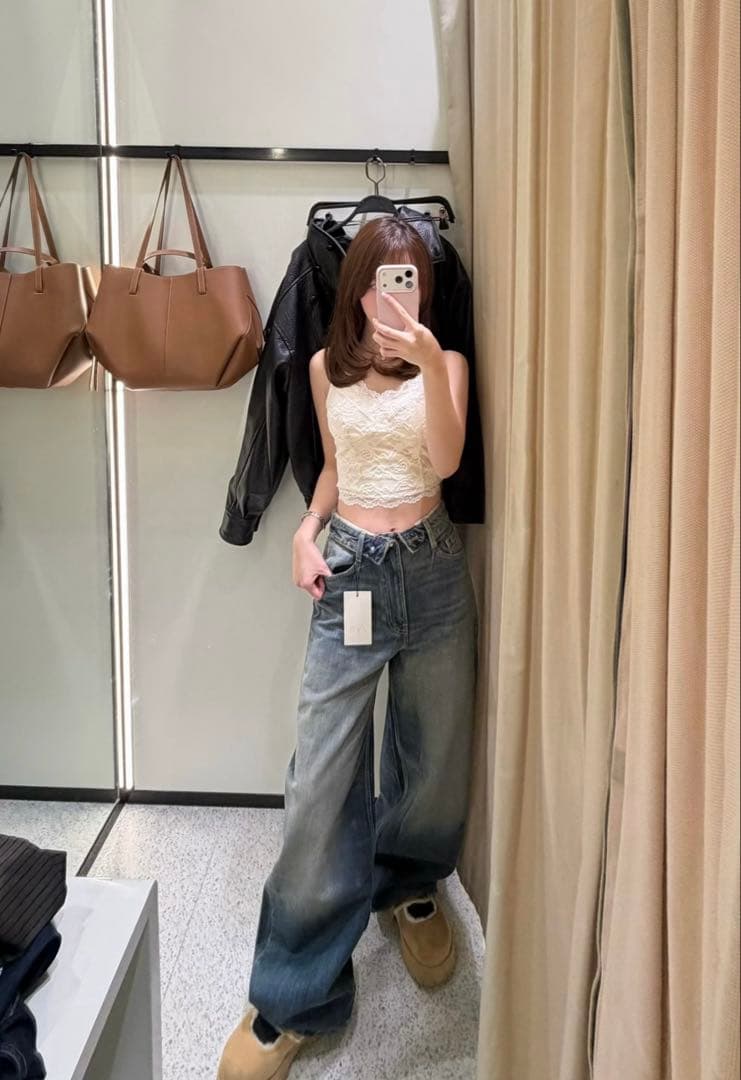 ZARA TRF ミッドライズ折り返しウエストデニムパンツ