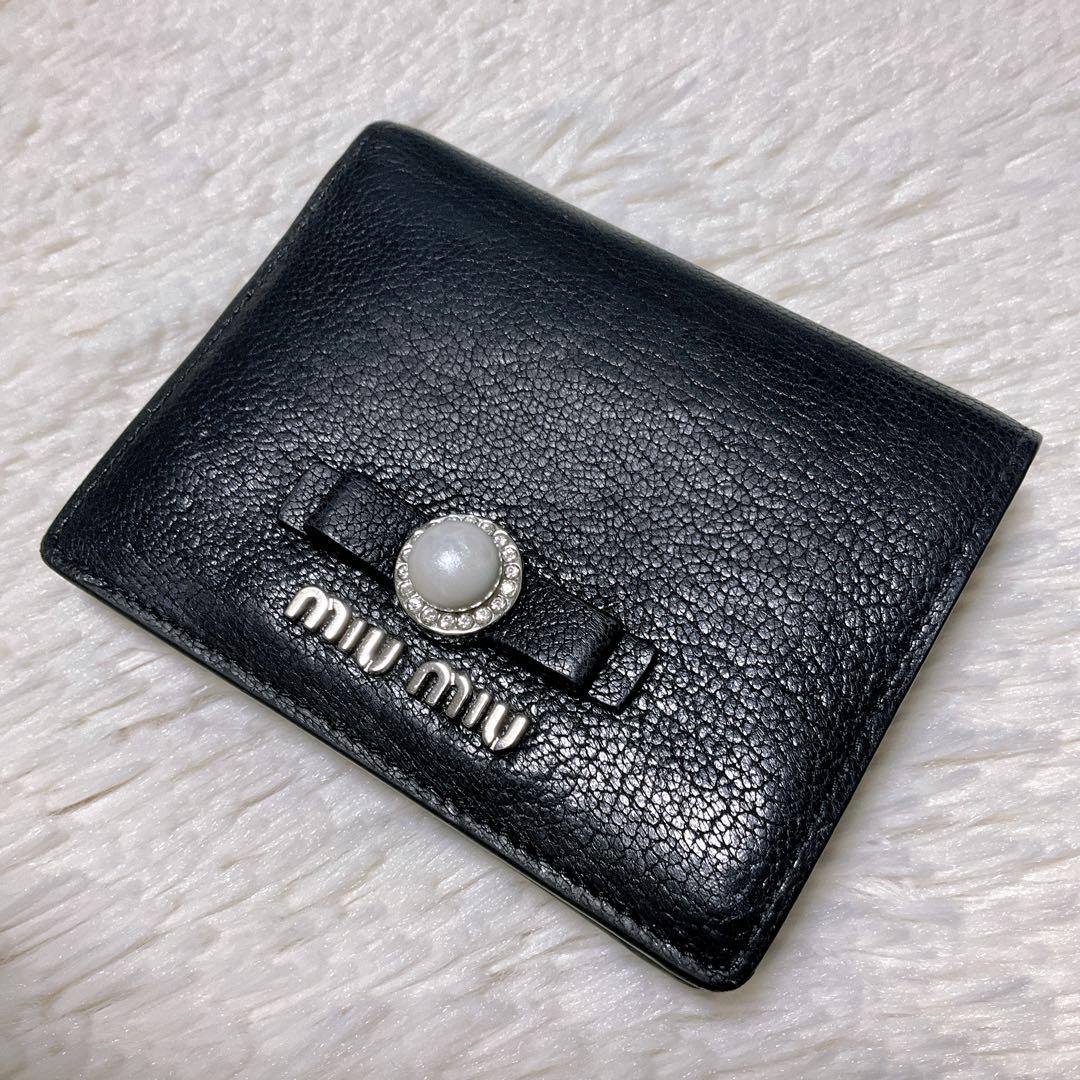 ♡希少♡miumiu 二つ折り財布 マドラス パール リボン ブラック ロゴ