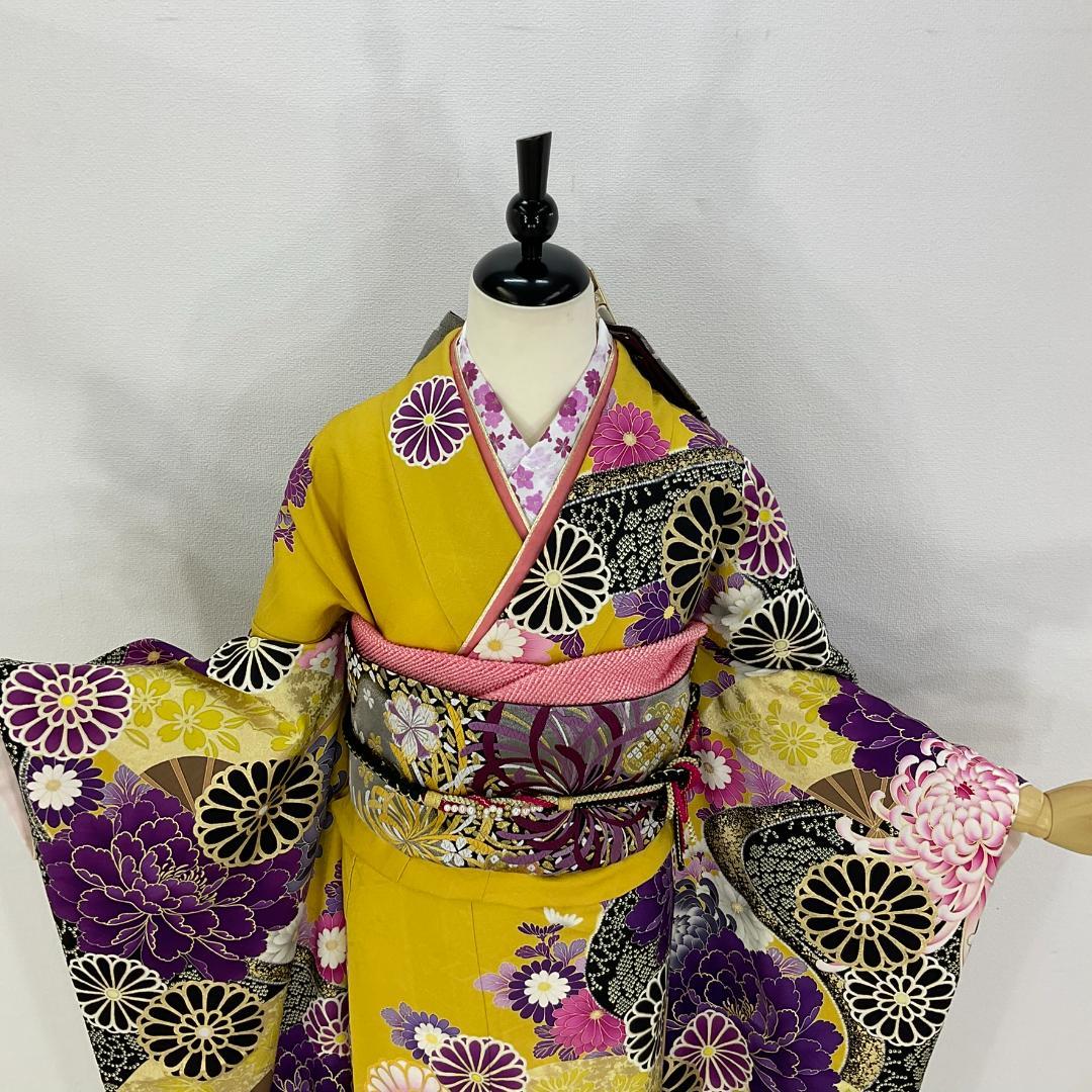 minori12　お振袖　袋帯　セット　黄×紫　乱菊　正絹　美品