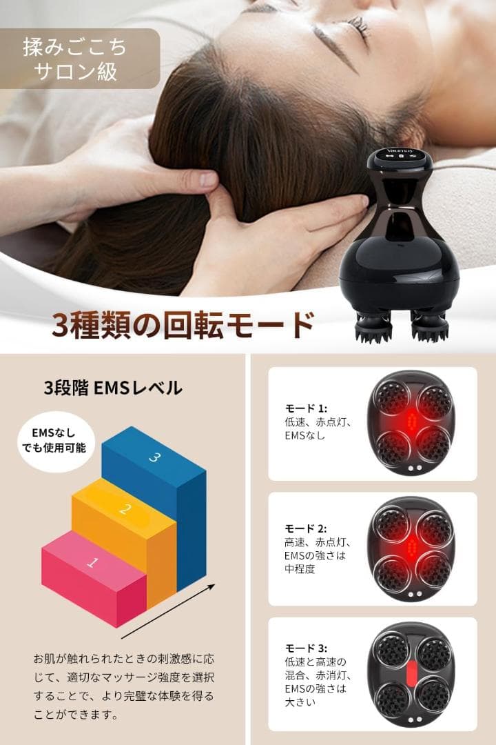 電動頭皮ブラシ EMS - 赤色LED搭載 振動 美容家電 IPX7防水 風呂
