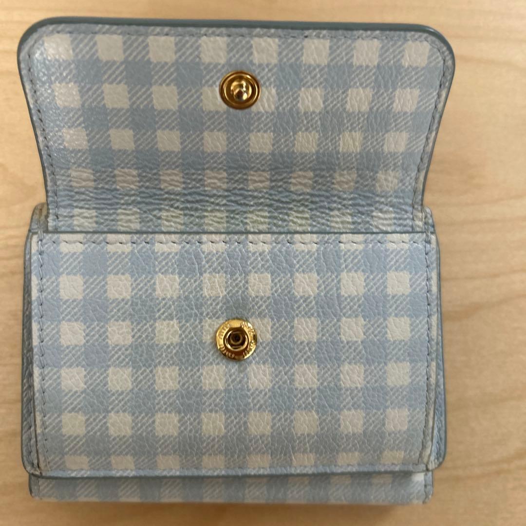美品　miumiu ミュウミュウ 三つ折り財布 水色 ブルー ギンガムチェック