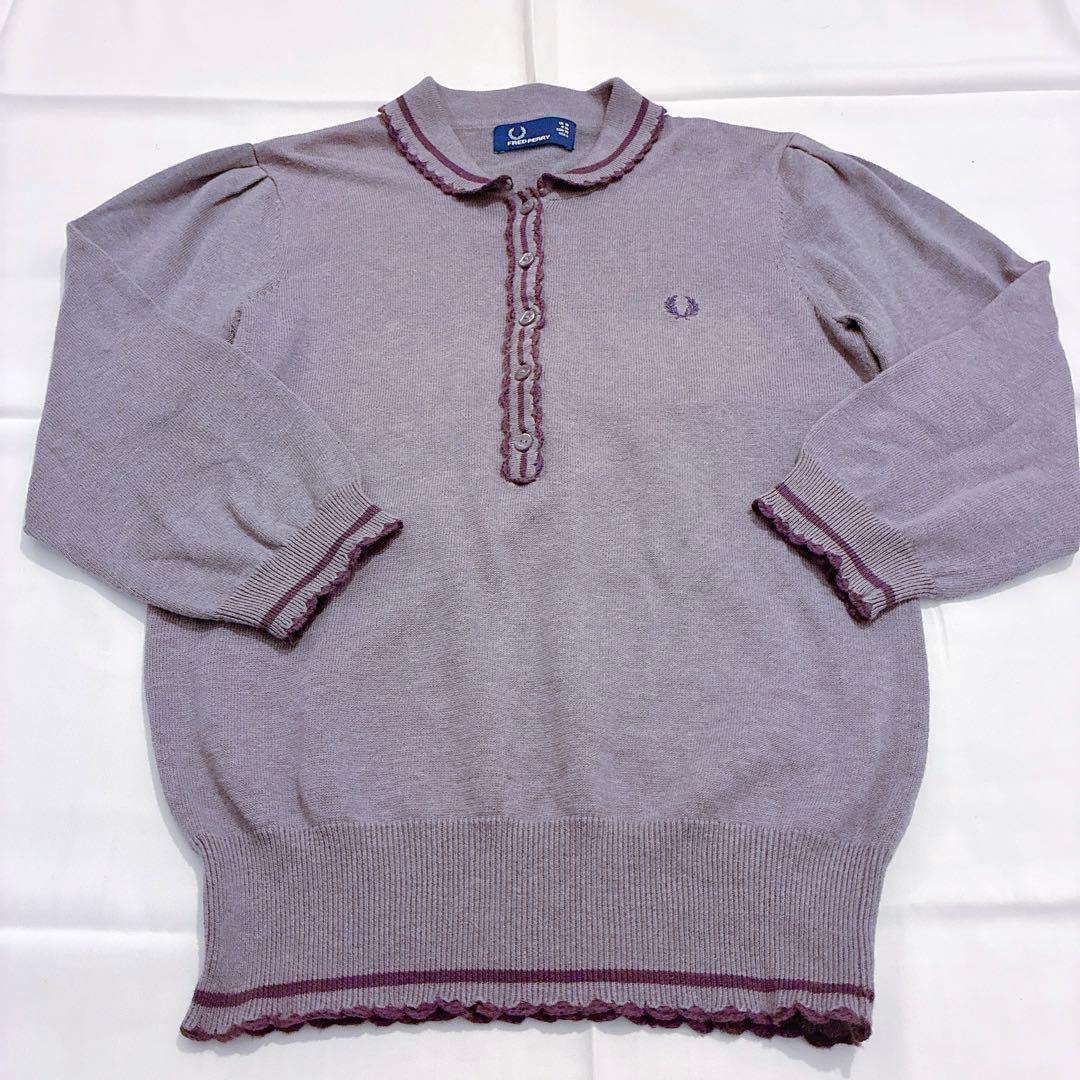 FRED PERRY ポロシャツ ニット 7分袖 フリル ラベンダー 綿100%