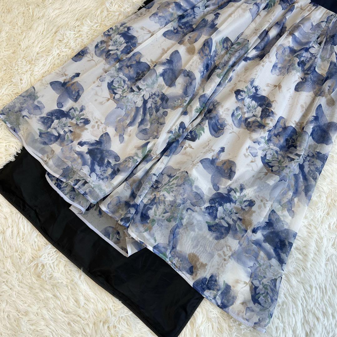 美品✨完売　アナイ ドローイングフラワーオーガンジー スカート ブルー 38