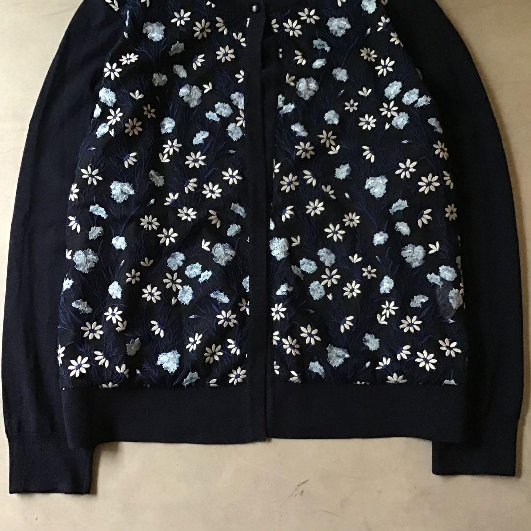 【高級】leilian レリアン　カーディガン　花柄　刺繍　ネイビー　日本製