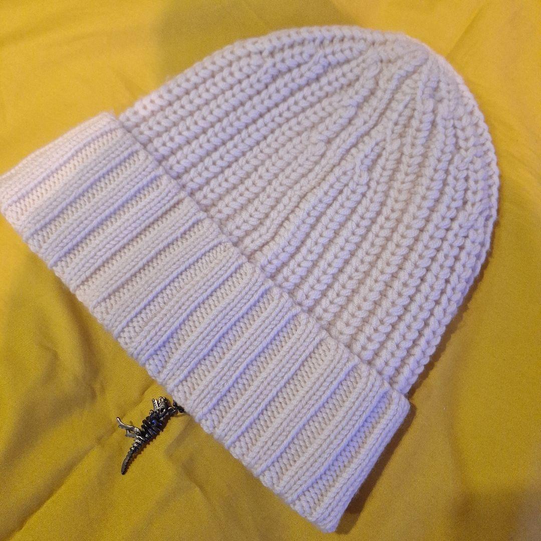 恐竜刺繍付きホワイトニット帽