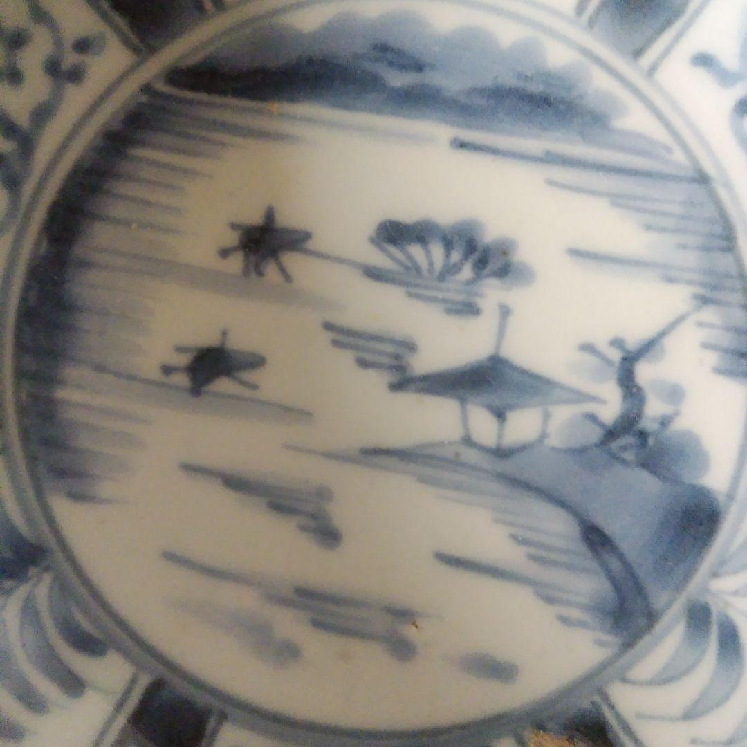 古伊万里 染付 芙蓉手 山水文輪花深皿 二重角渦福 宝珠 古染付 アンティーク
