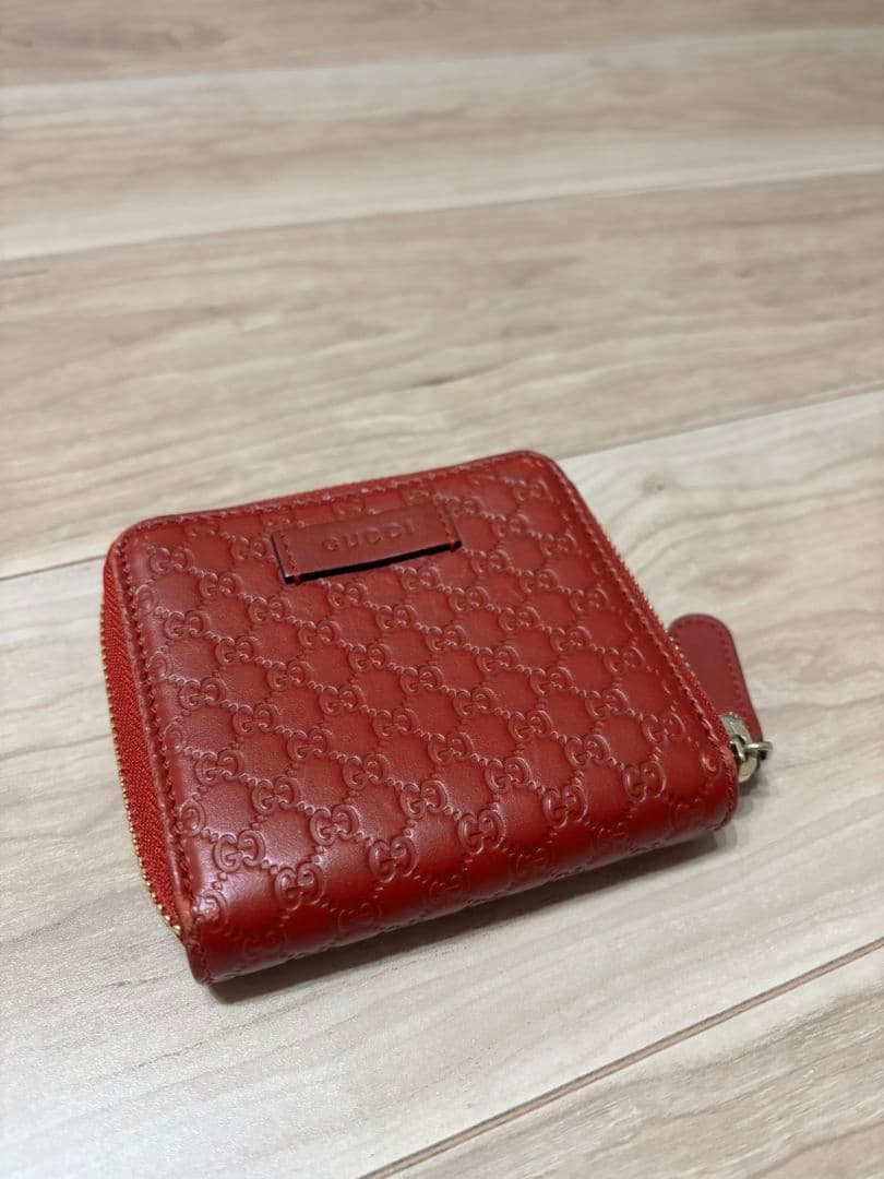 グッチ　二つ折り財布　マイクロシマ　GG　ラウンドジップ　ボルドー