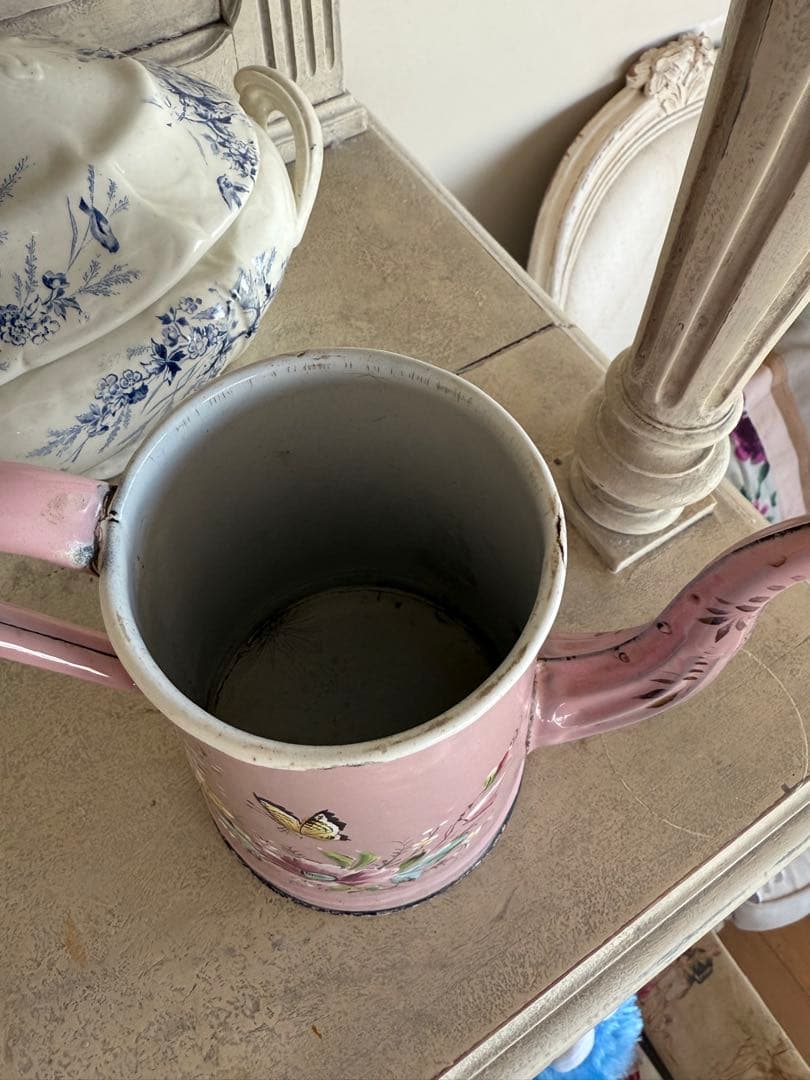 フランスアンティークホーローピンクの花と小鳥ハンドペイントコーヒーポット