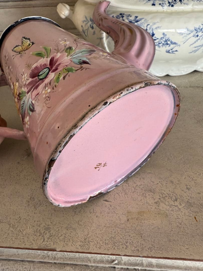フランスアンティークホーローピンクの花と小鳥ハンドペイントコーヒーポット