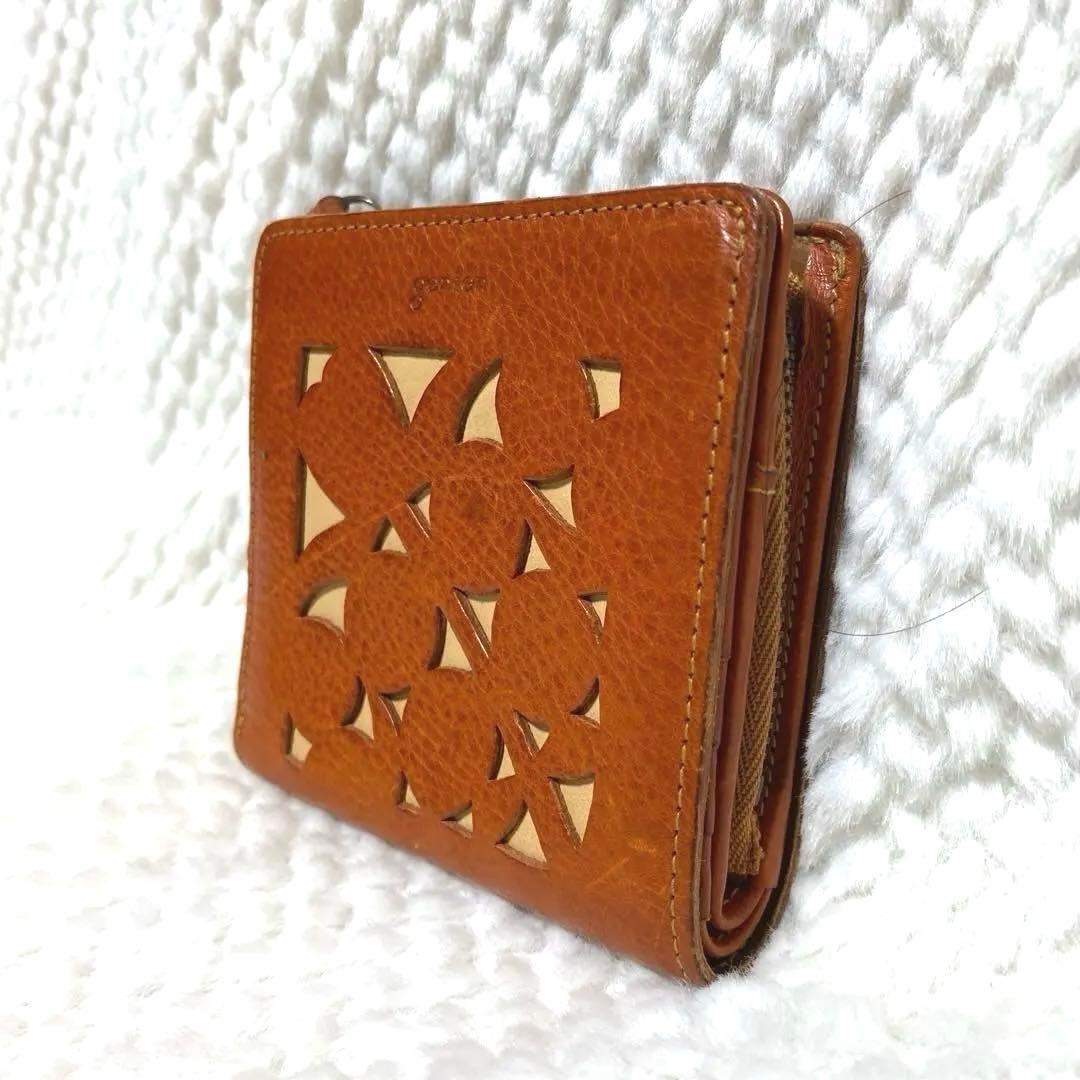【レア】genten ゲンテン 20周年 あんず カットワーク 二つ折り財布 革