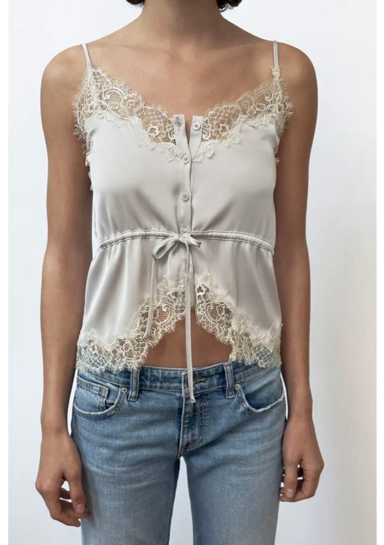 新品ZARA‼️サテンレースキャミ パールグレーS size