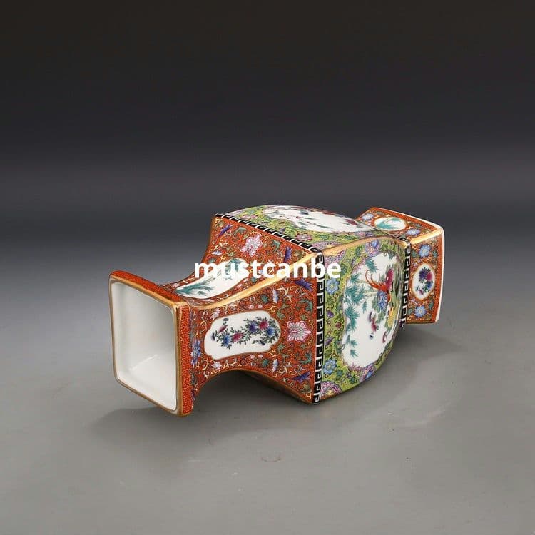 琺瑯彩蒔絵四方賞瓶 景徳鎮 陶磁器 装飾品 現代工芸品 美術品 置物