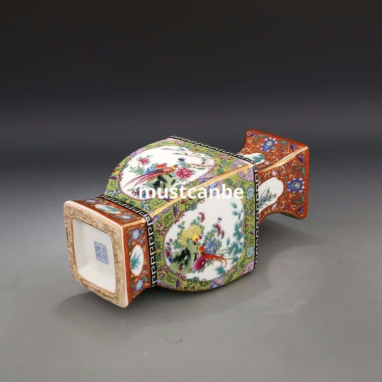 琺瑯彩蒔絵四方賞瓶 景徳鎮 陶磁器 装飾品 現代工芸品 美術品 置物