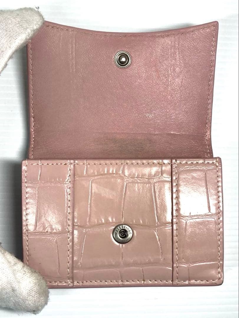 バレンシアガ　アワーグラス　クロコ型押し　レザー　三つ折り財布　Bロゴ　ピンク