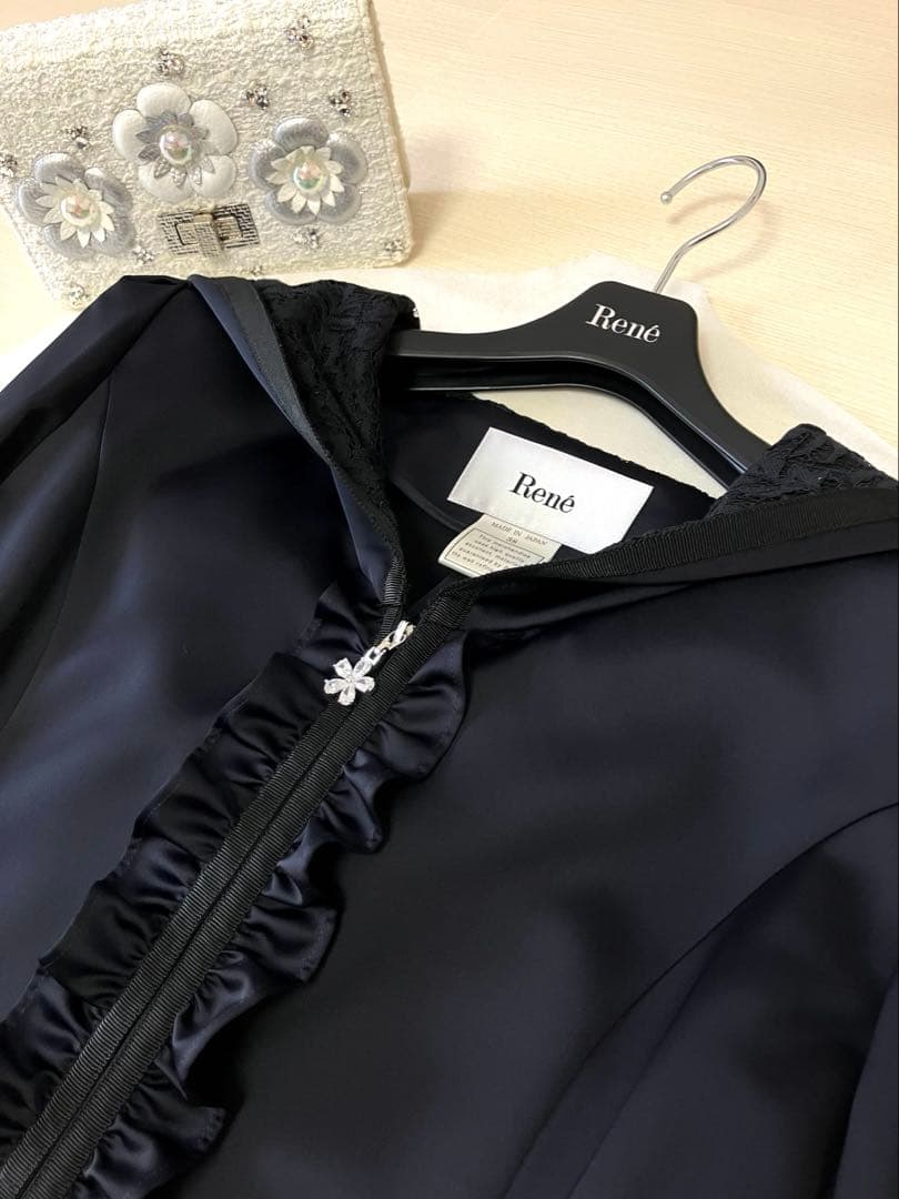 Rene♡ルネ♡レースフードフロントジップコート♡スプリング♡ネイビー♡38