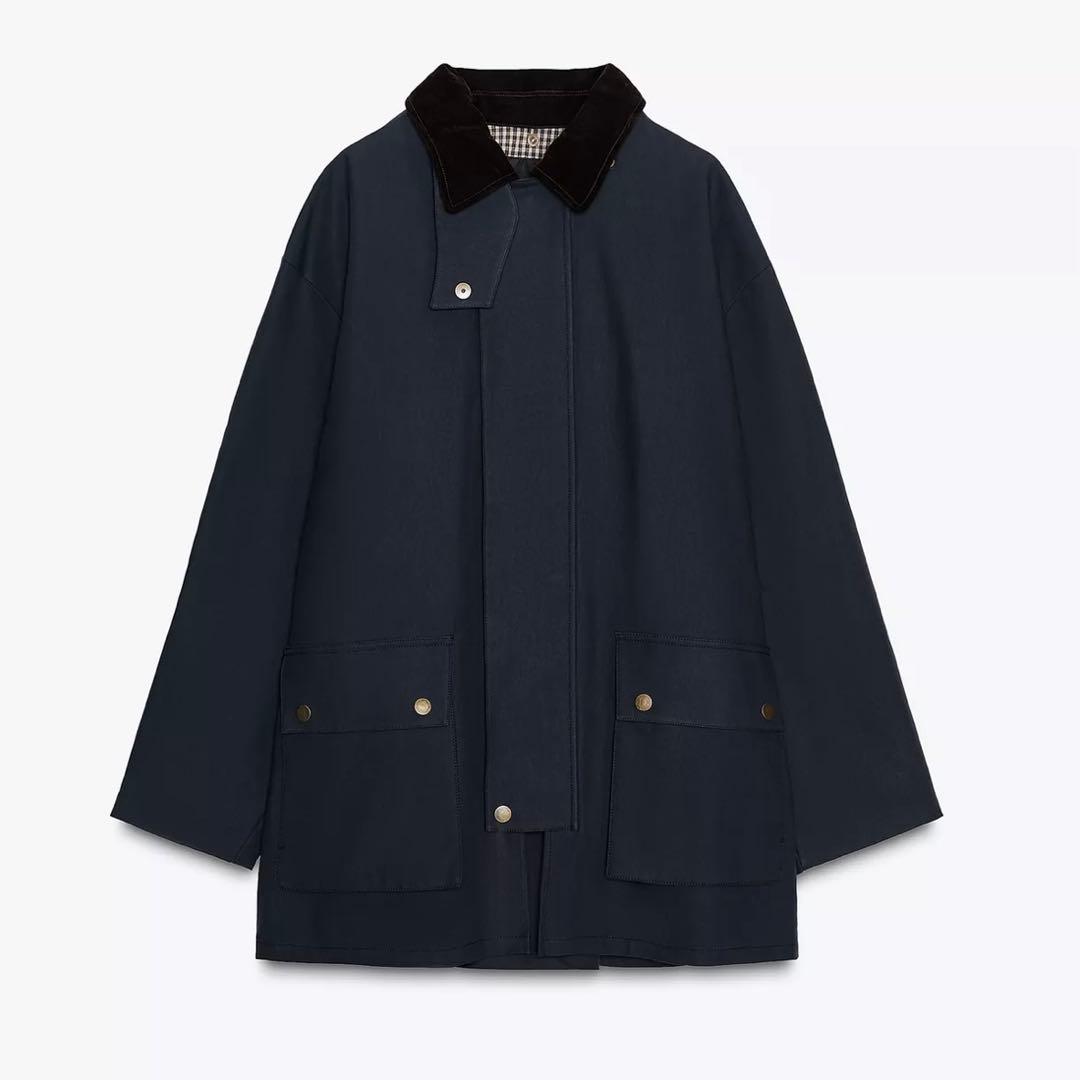 新品 ZARA コントラストラペルフード付き トレンチコート ネイビー Mサイズ