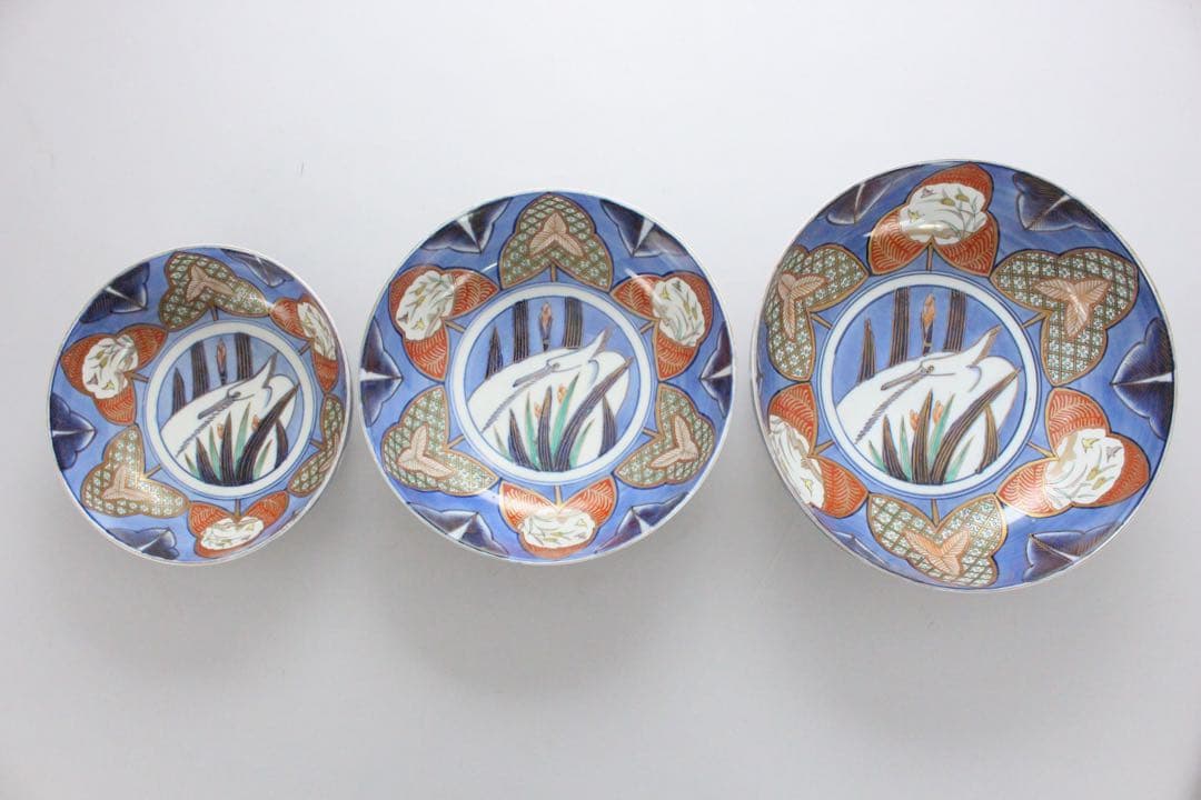 No5592 古伊万里　沢瀉窓絵鷺文三つ組鉢　色絵　赤絵　金彩　陶磁器　送料無料