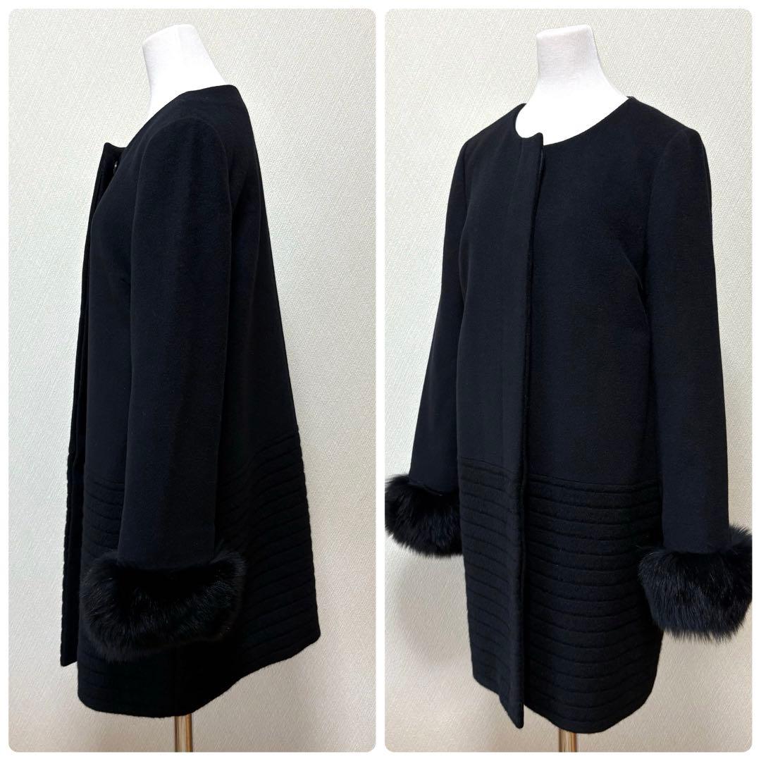【美品】ノーリーズソフィ　ノーカラー　ロングコート　ブルーフォックス　ファー　黒