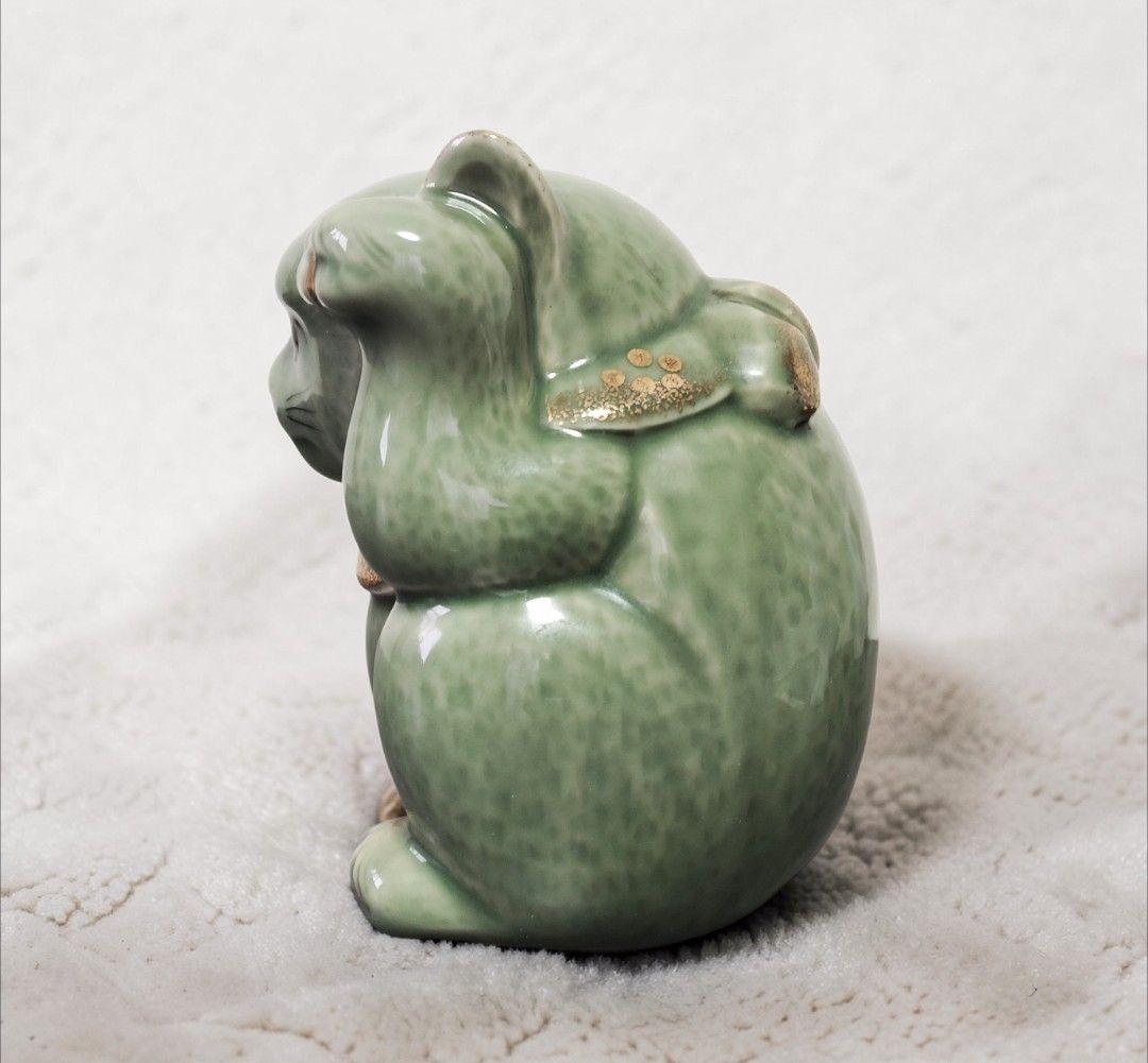 【美品】青磁 招き猫 左手 金彩 陶器 まねきねこ 縁起物 レトロ 希少レア