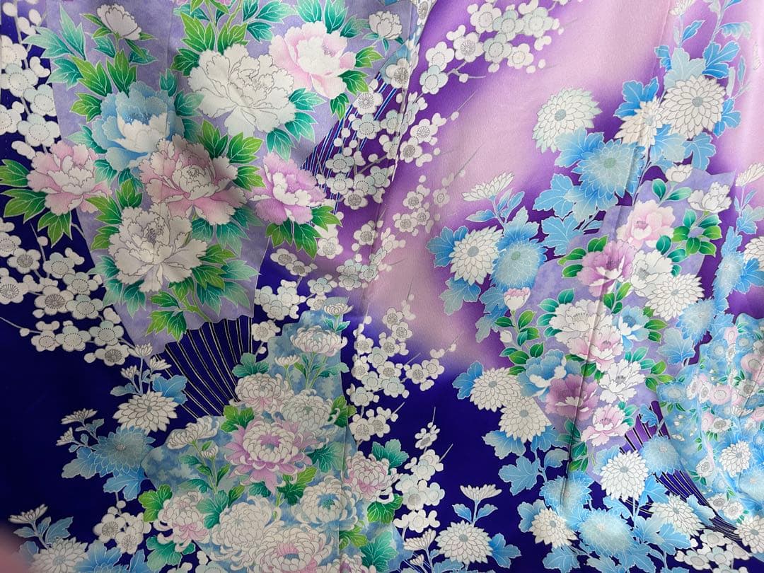 振袖 正絹 ラベンダー 紫ぼかし 扇面 花柄 美品 成人式