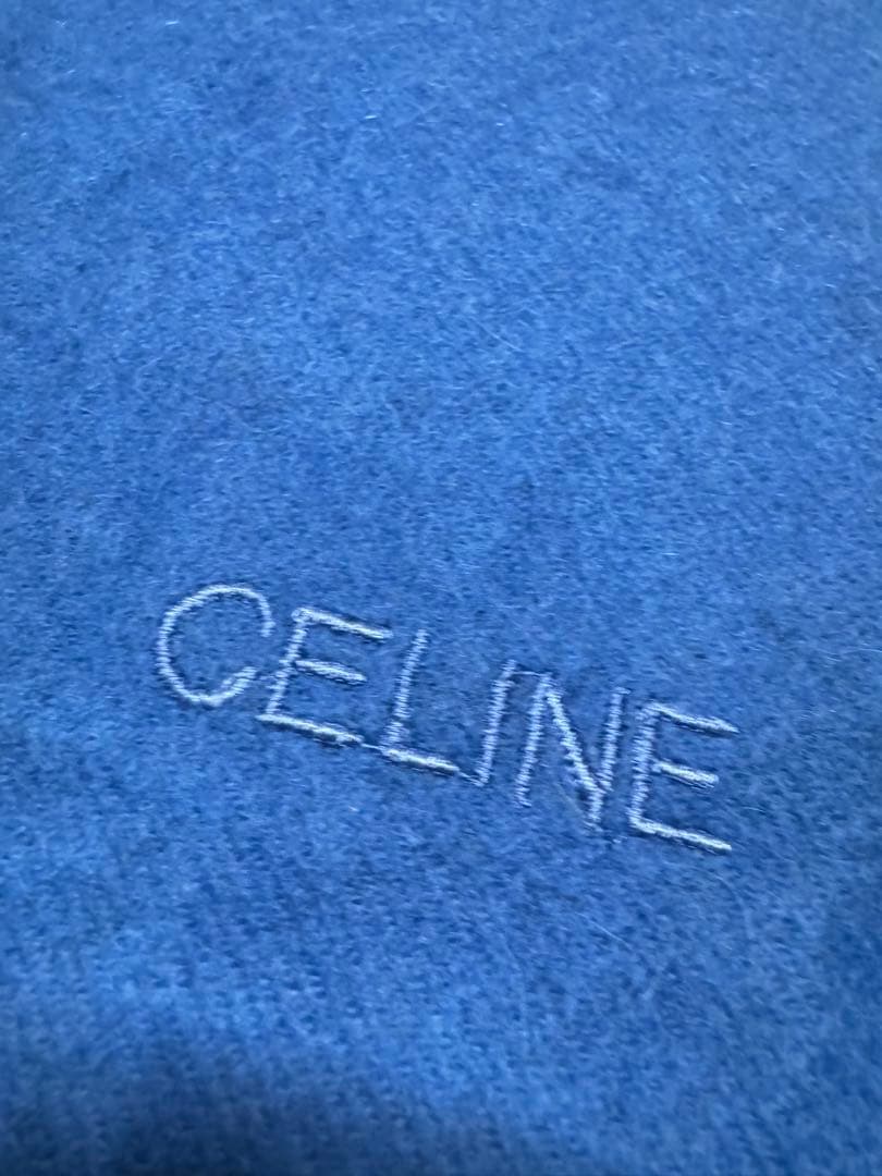 CELINE セリーヌ フリンジ マフラー カシミヤ100% ブルー ロゴ刺繍