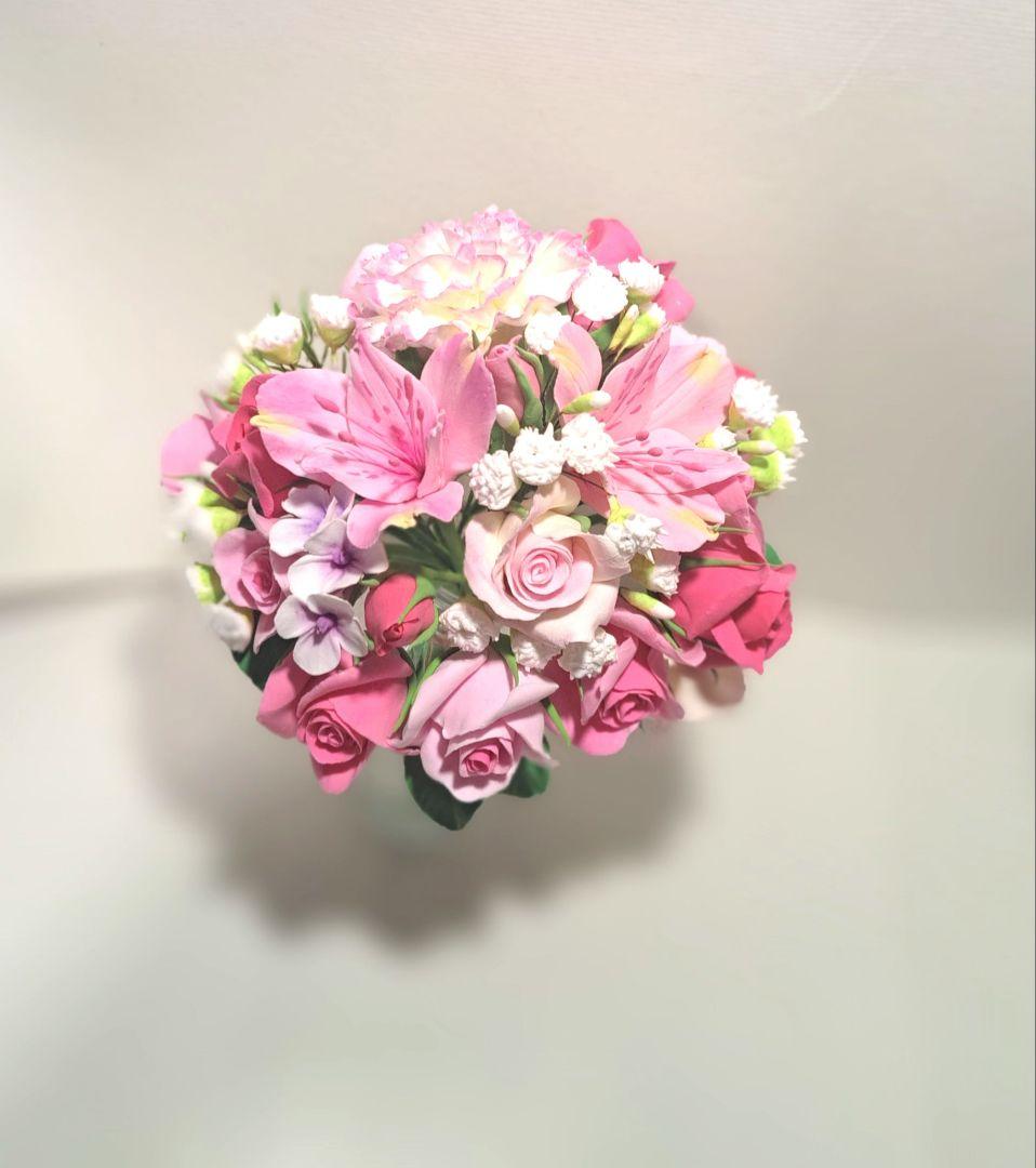 ミミ☆紫色のクレイフラワー花瓶無し とピンクの花 花瓶付き 樹脂粘土